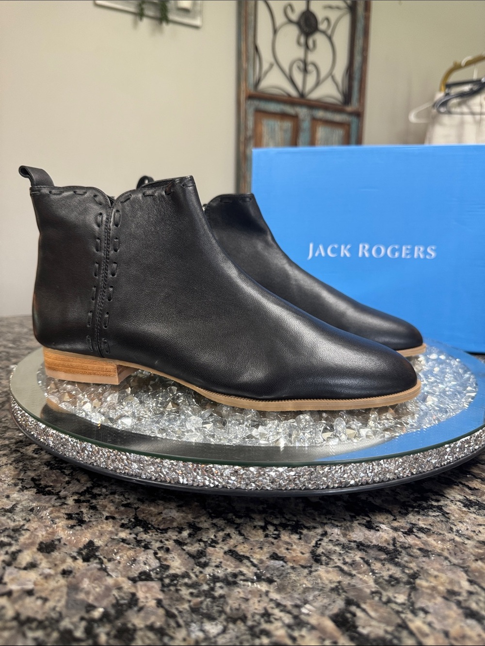 Jack Rogers Black Leather Ankle Booties whip Stitch Detail on ankles NEW 9.5